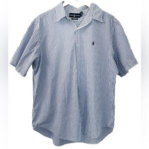 Ralph Lauren Classic Fit Shirt XL Blue White Striped Short Sleeve Button Down